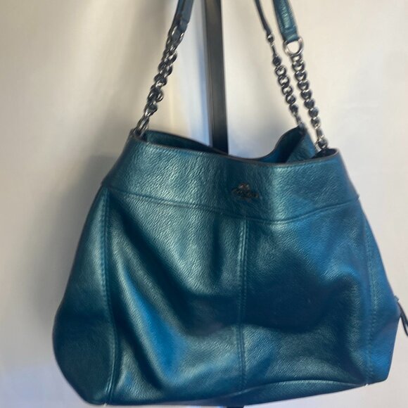 Coach F22209 Teal Pebbled Leather Chain Shoulder Hobo Bag Purse - Picture 3 of 10